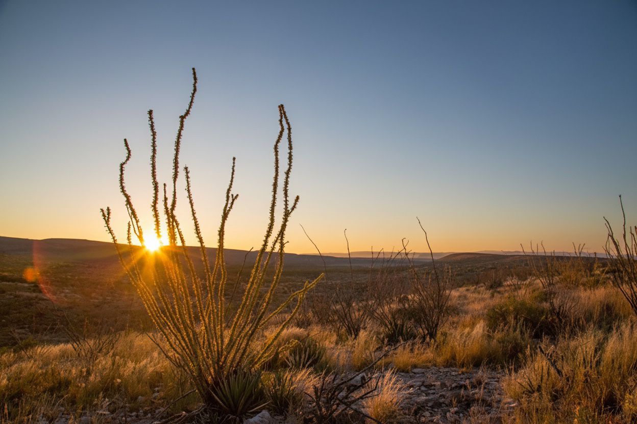 Sunset over Apache Ranch, Culberson County, Texas — ocotillo silhouetted against the West Texas horizon
